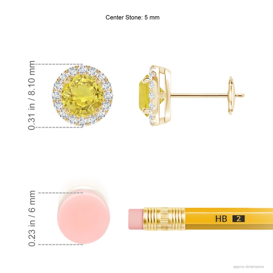 5mm AA Claw-Set Yellow Sapphire and Diamond Halo Stud Earrings in Yellow Gold ruler