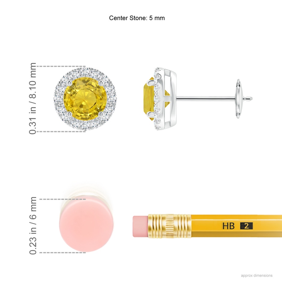 5mm AAA Claw-Set Yellow Sapphire and Diamond Halo Stud Earrings in White Gold ruler