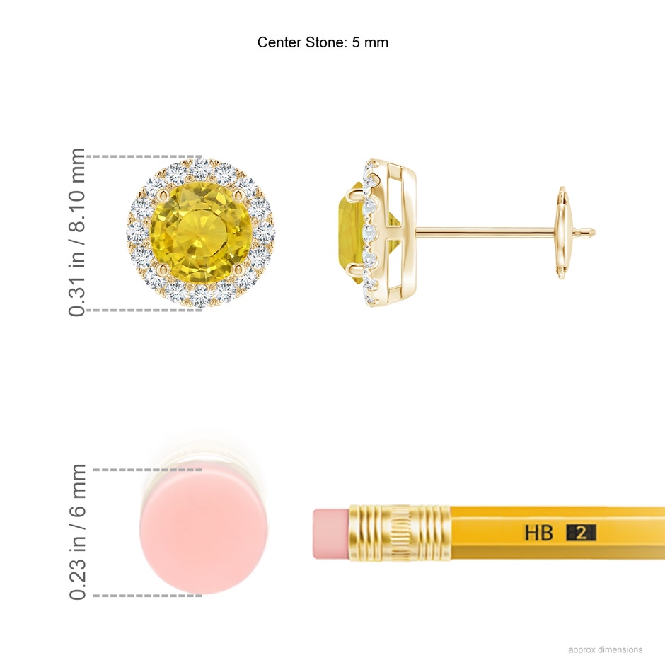 5mm AAA Claw-Set Yellow Sapphire and Diamond Halo Stud Earrings in Yellow Gold ruler
