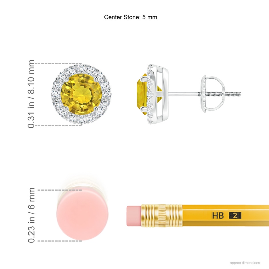 5mm AAAA Claw-Set Yellow Sapphire and Diamond Halo Stud Earrings in P950 Platinum ruler