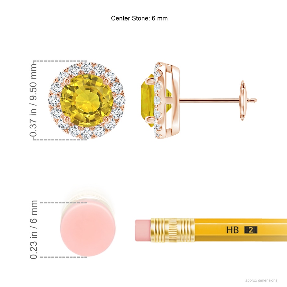 6mm AAAA Claw-Set Yellow Sapphire and Diamond Halo Stud Earrings in Rose Gold ruler