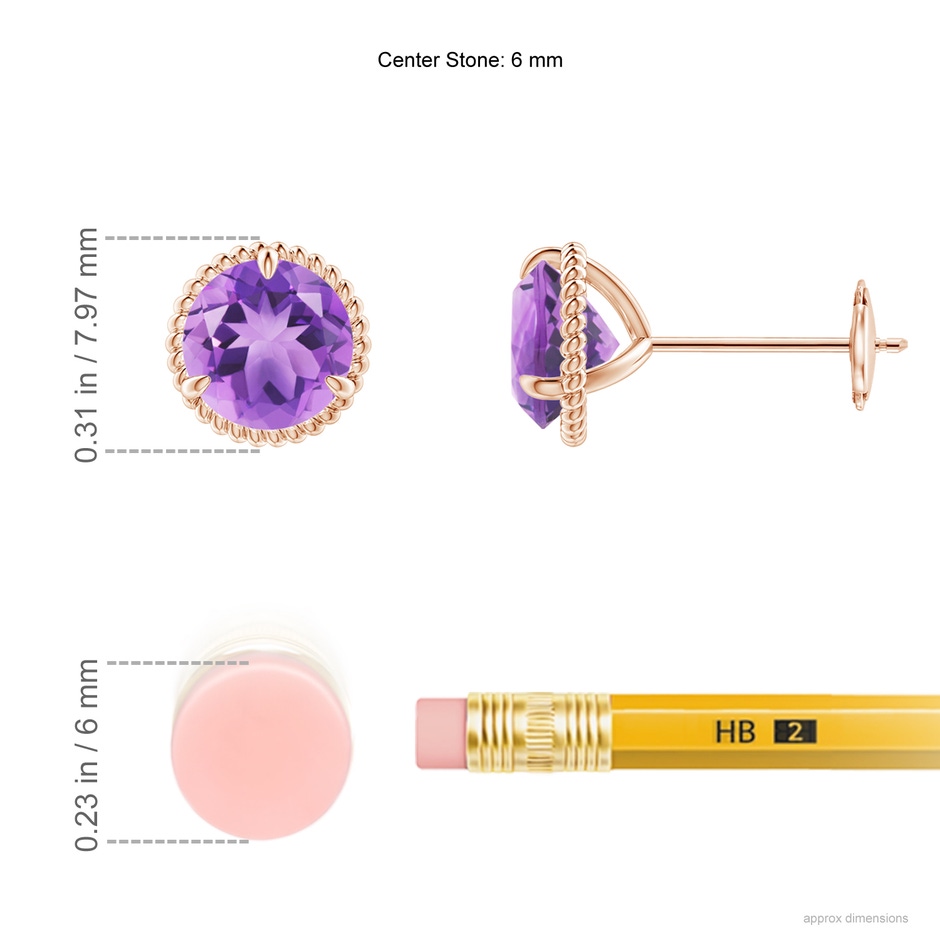 6mm A Rope Framed Claw-Set Amethyst Martini Stud Earrings in Rose Gold ruler
