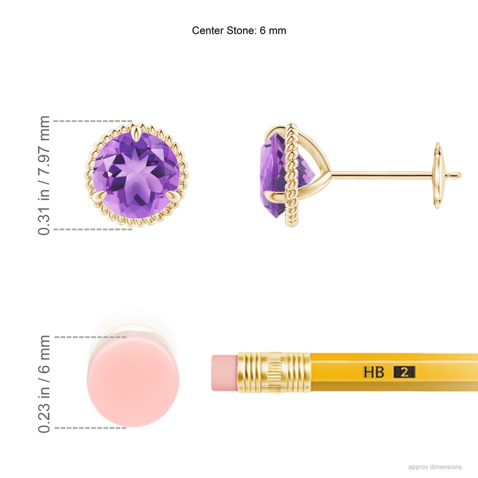 6mm A Rope Framed Claw-Set Amethyst Martini Stud Earrings in Yellow Gold ruler