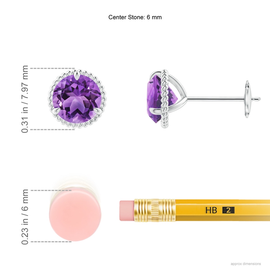 6mm AA Rope Framed Claw-Set Amethyst Martini Stud Earrings in White Gold ruler