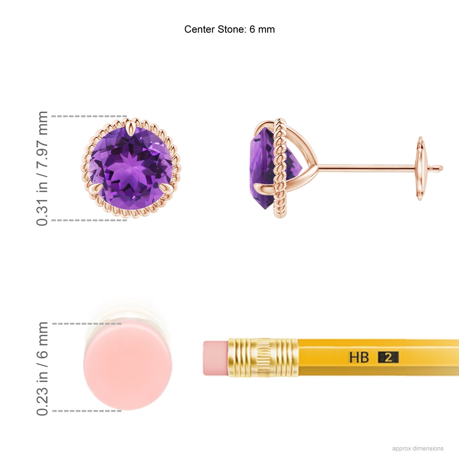 6mm AAA Rope Framed Claw-Set Amethyst Martini Stud Earrings in Rose Gold ruler