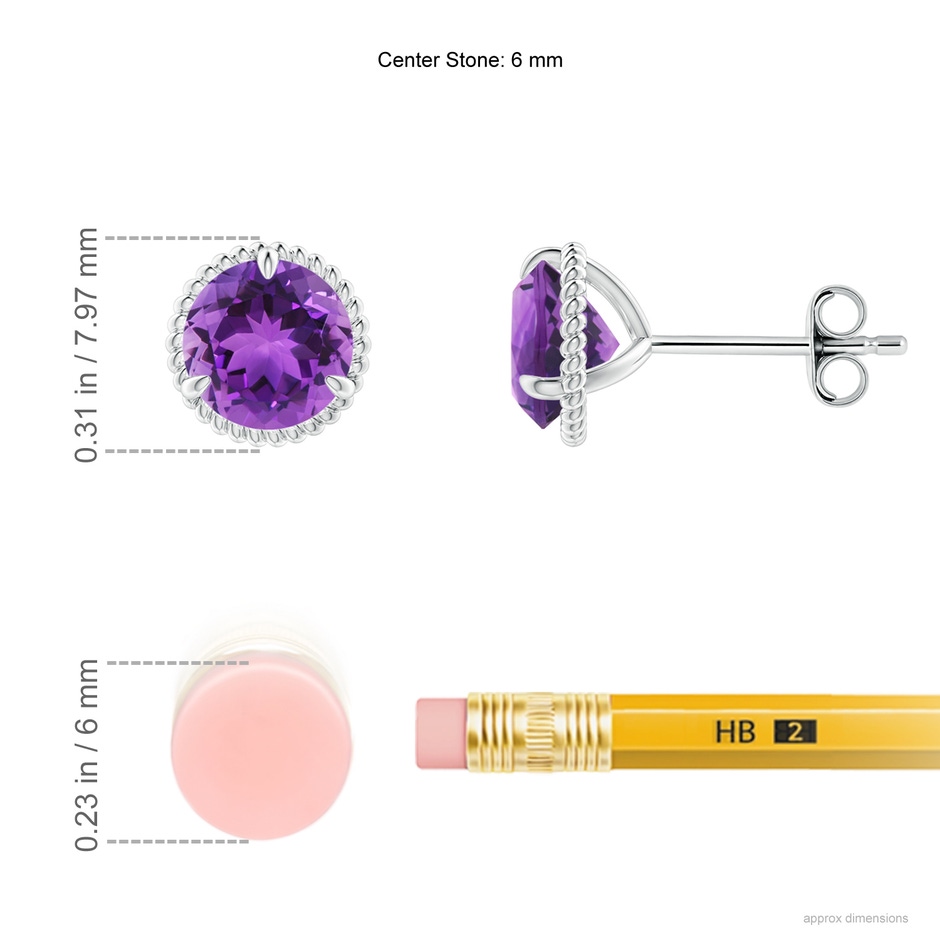 6mm AAA Rope Framed Claw-Set Amethyst Martini Stud Earrings in S999 Silver ruler