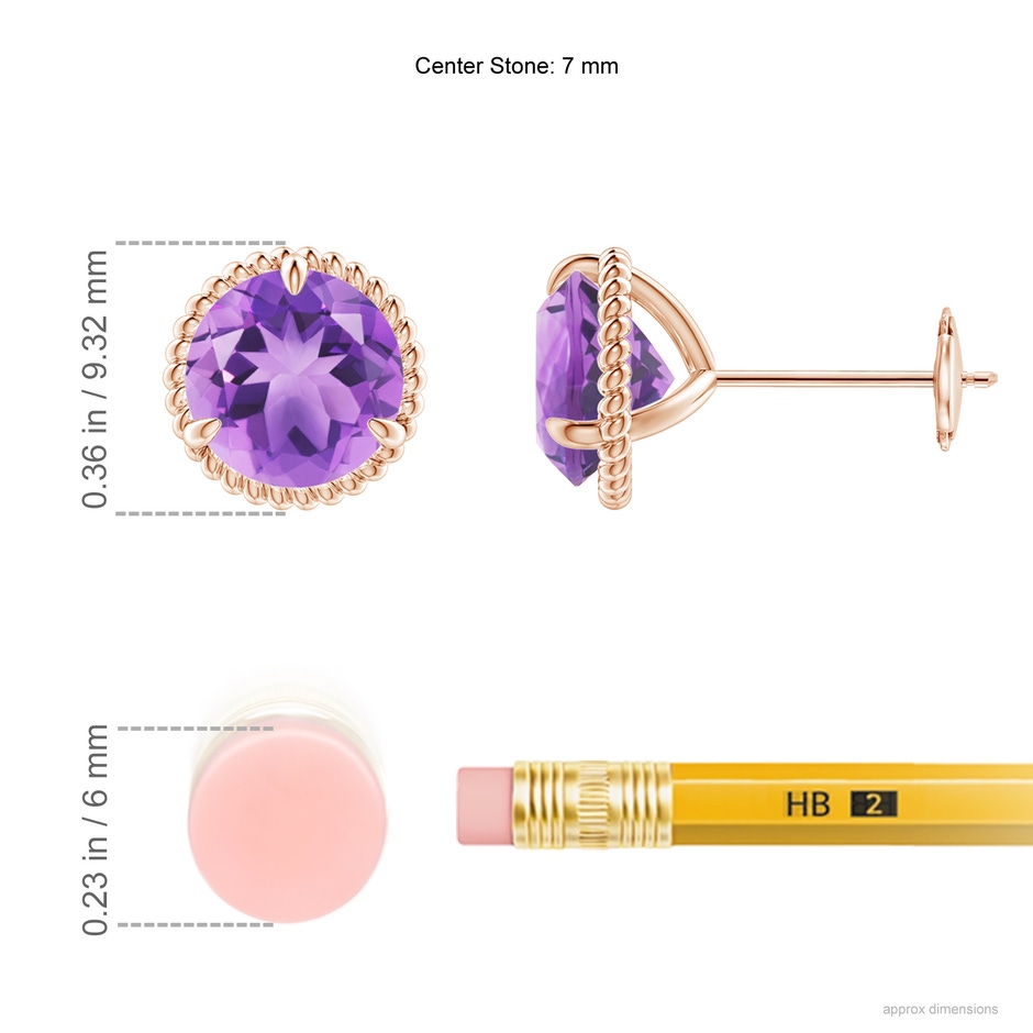 7mm A Rope Framed Claw-Set Amethyst Martini Stud Earrings in Rose Gold ruler