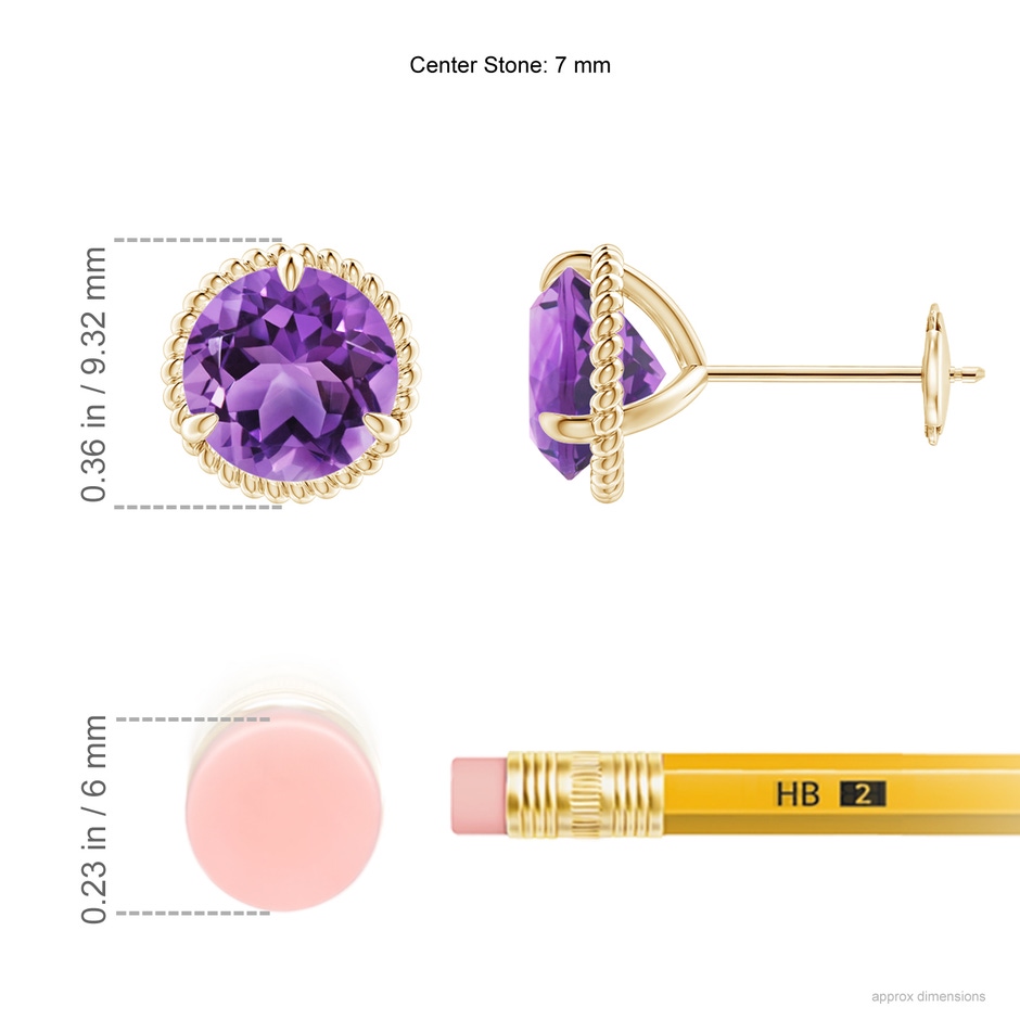 7mm AA Rope Framed Claw-Set Amethyst Martini Stud Earrings in Yellow Gold ruler