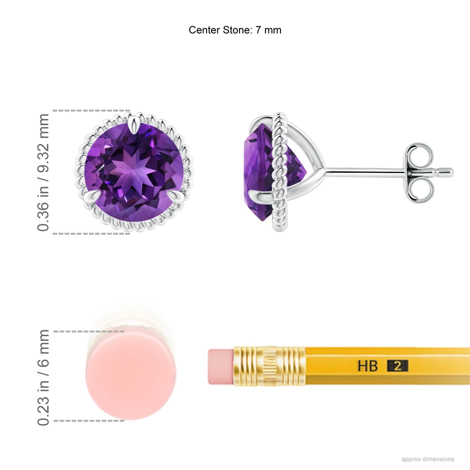 7mm AAAA Rope Framed Claw-Set Amethyst Martini Stud Earrings in S999 Silver ruler