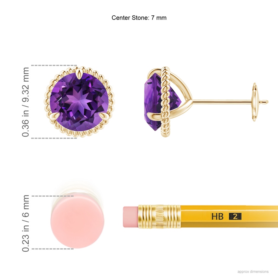 7mm AAAA Rope Framed Claw-Set Amethyst Martini Stud Earrings in Yellow Gold ruler