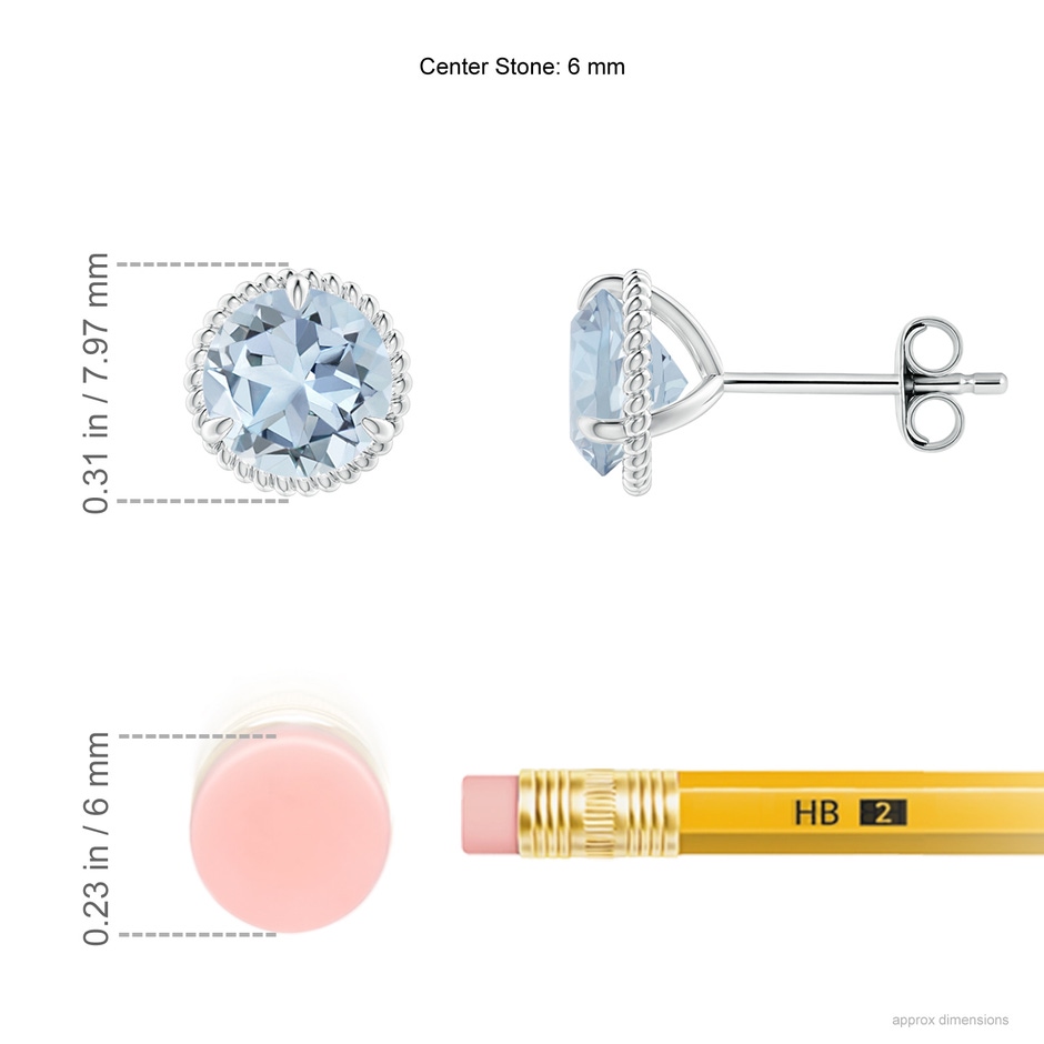 6mm A Rope Framed Claw-Set Aquamarine Martini Stud Earrings in S999 Silver ruler