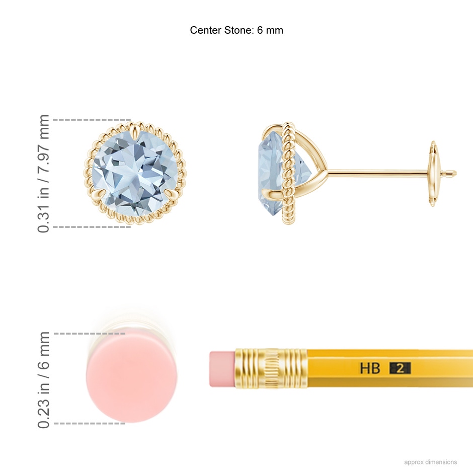 6mm A Rope Framed Claw-Set Aquamarine Martini Stud Earrings in Yellow Gold ruler