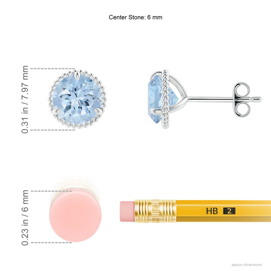 6mm AA Rope Framed Claw-Set Aquamarine Martini Stud Earrings in S999 Silver ruler
