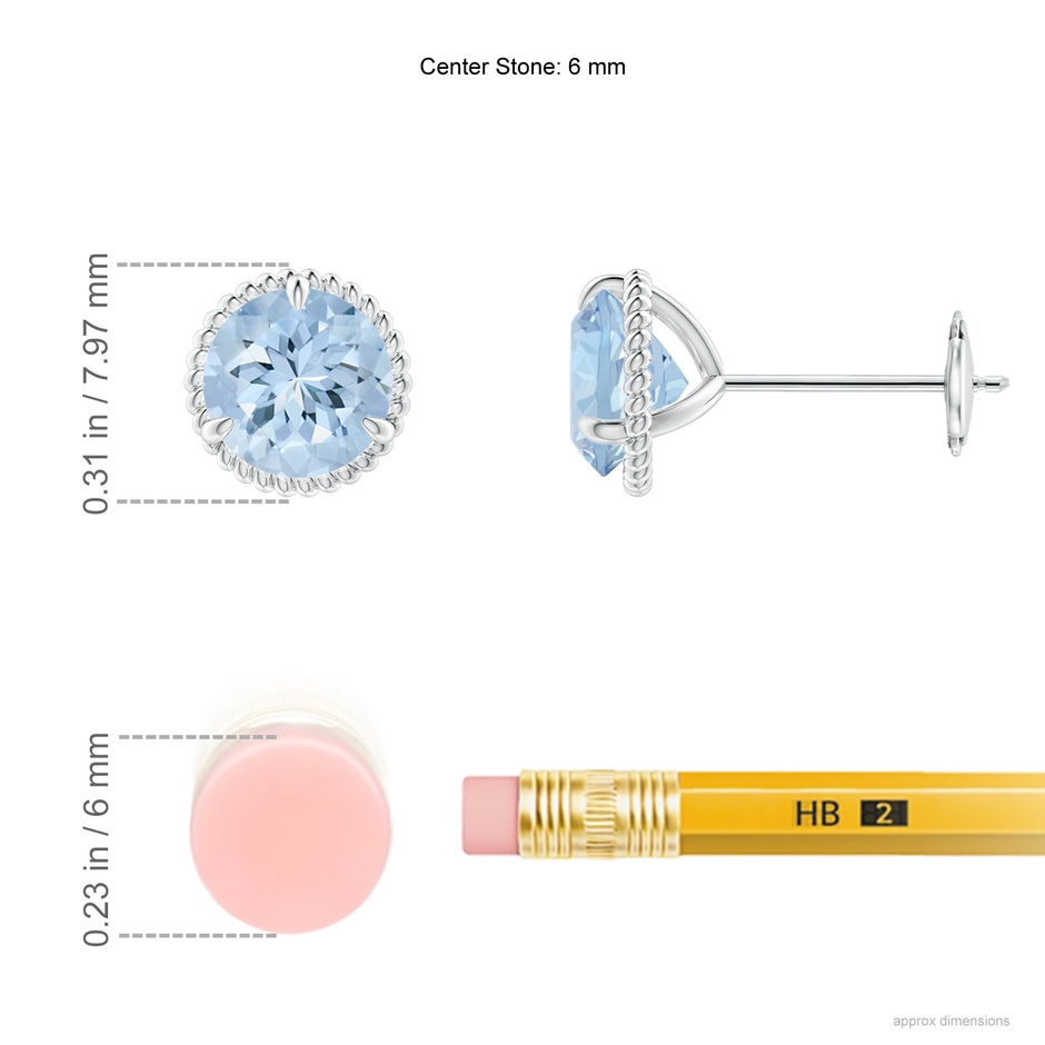 6mm AA Rope Framed Claw-Set Aquamarine Martini Stud Earrings in White Gold ruler