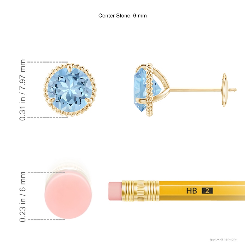6mm AAA Rope Framed Claw-Set Aquamarine Martini Stud Earrings in Yellow Gold ruler