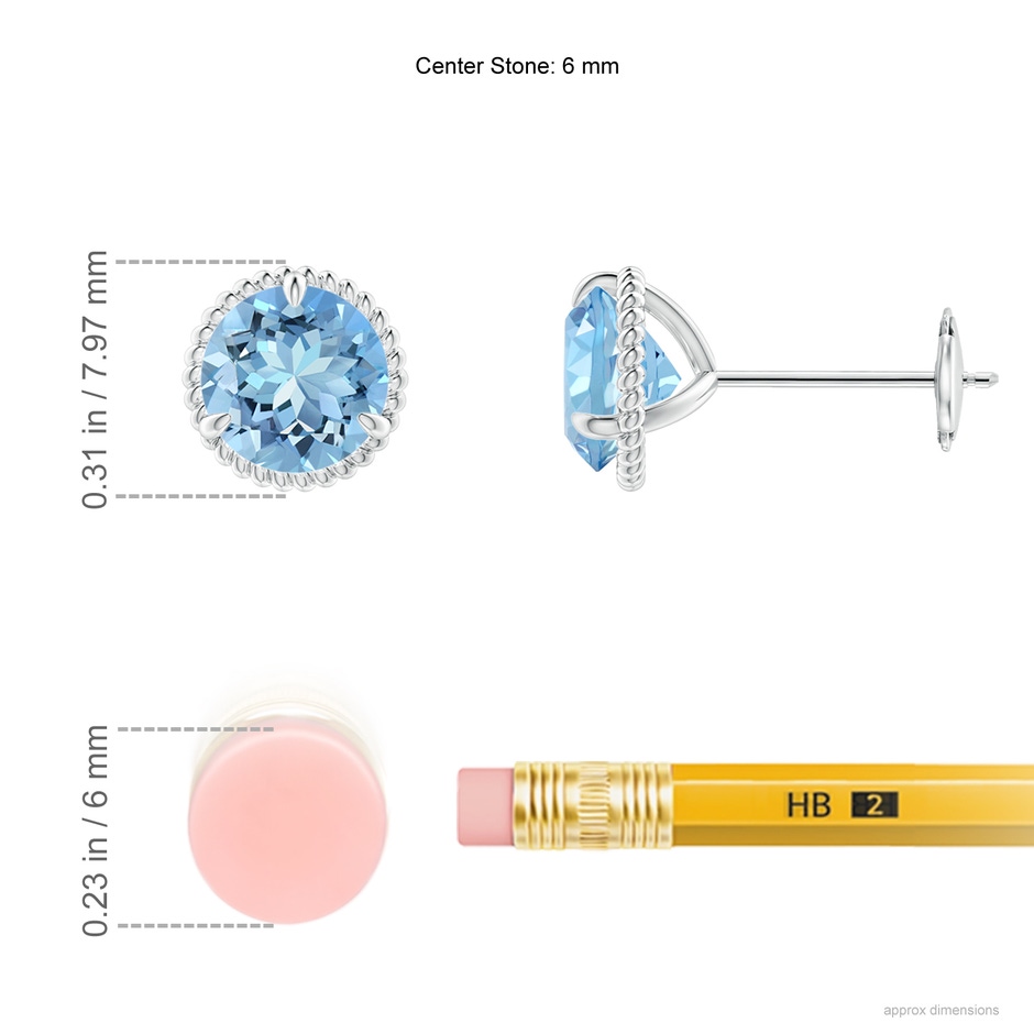 6mm AAAA Rope Framed Claw-Set Aquamarine Martini Stud Earrings in White Gold ruler