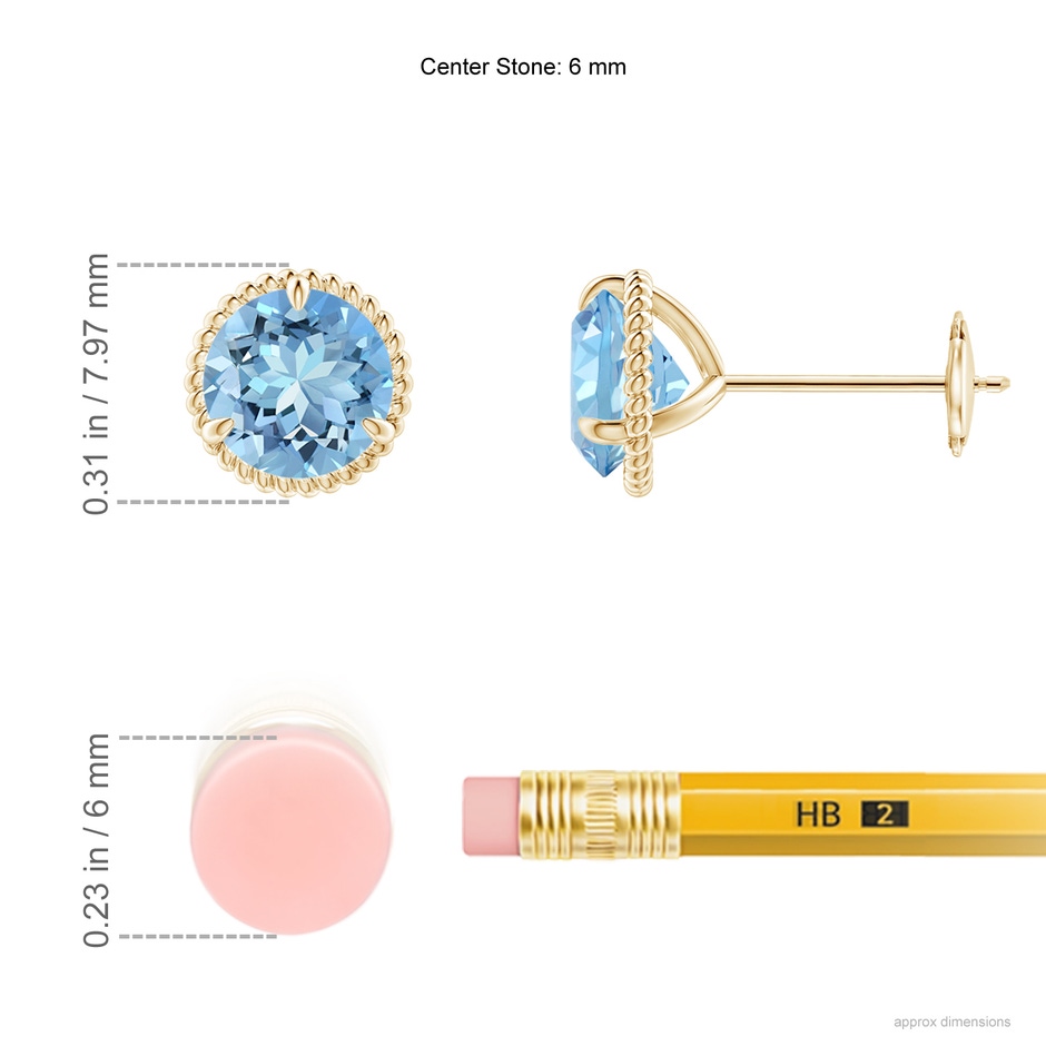 6mm AAAA Rope Framed Claw-Set Aquamarine Martini Stud Earrings in Yellow Gold ruler