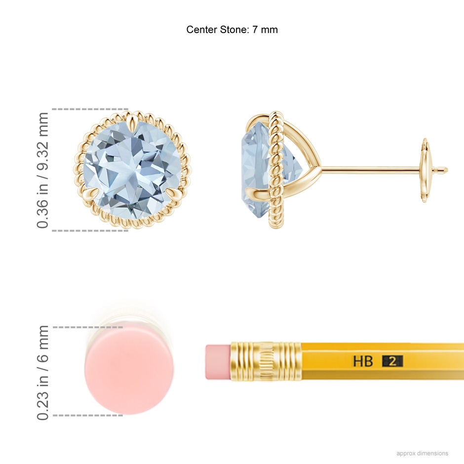 7mm A Rope Framed Claw-Set Aquamarine Martini Stud Earrings in Yellow Gold ruler
