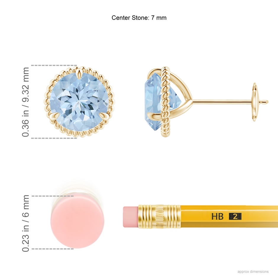 7mm AA Rope Framed Claw-Set Aquamarine Martini Stud Earrings in Yellow Gold ruler