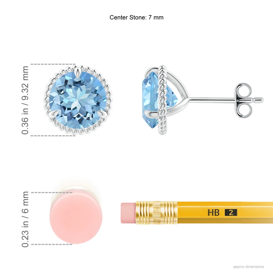 7mm AAAA Rope Framed Claw-Set Aquamarine Martini Stud Earrings in S999 Silver ruler