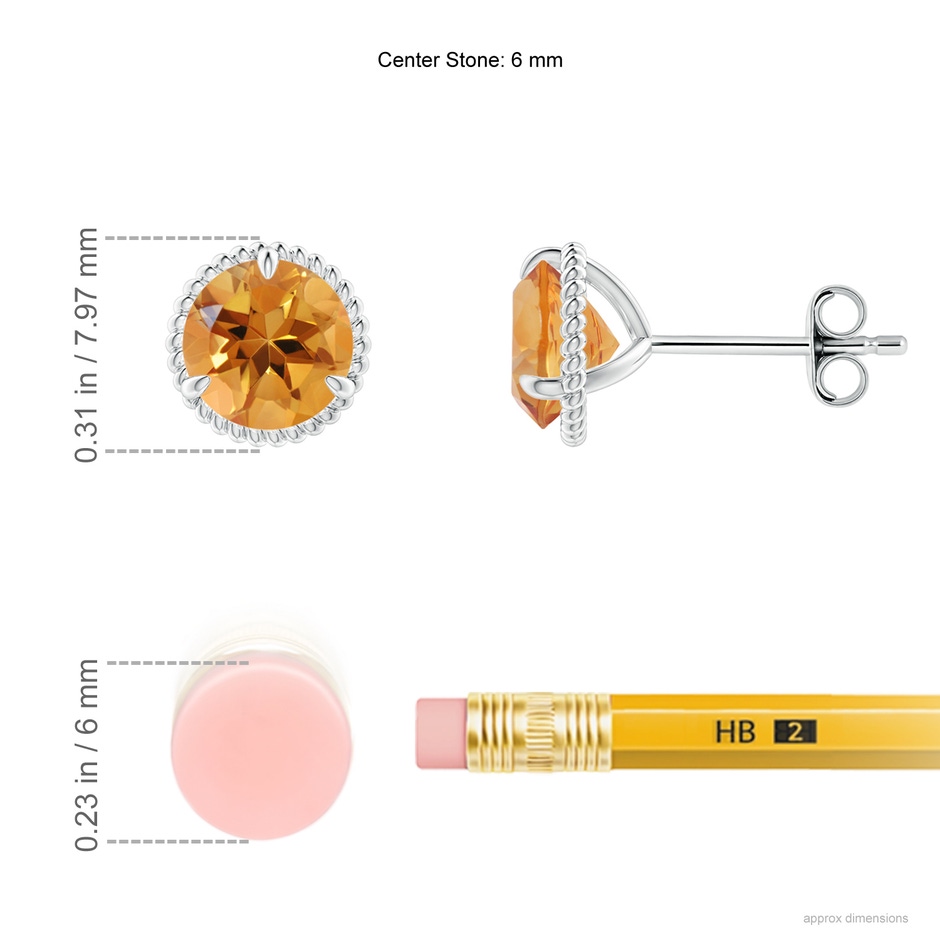6mm AA Rope Framed Claw-Set Citrine Martini Stud Earrings in S999 Silver ruler