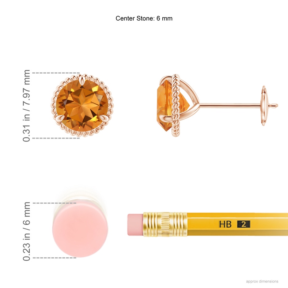 6mm AAA Rope Framed Claw-Set Citrine Martini Stud Earrings in Rose Gold ruler