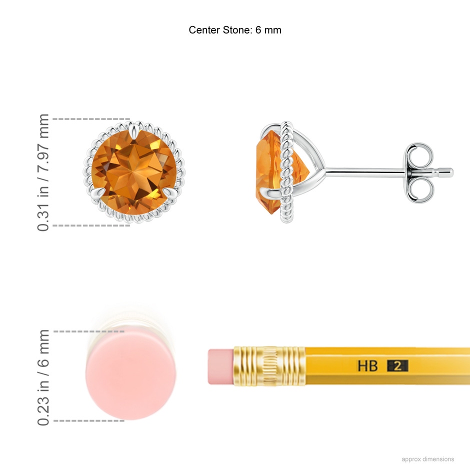 6mm AAA Rope Framed Claw-Set Citrine Martini Stud Earrings in S999 Silver ruler