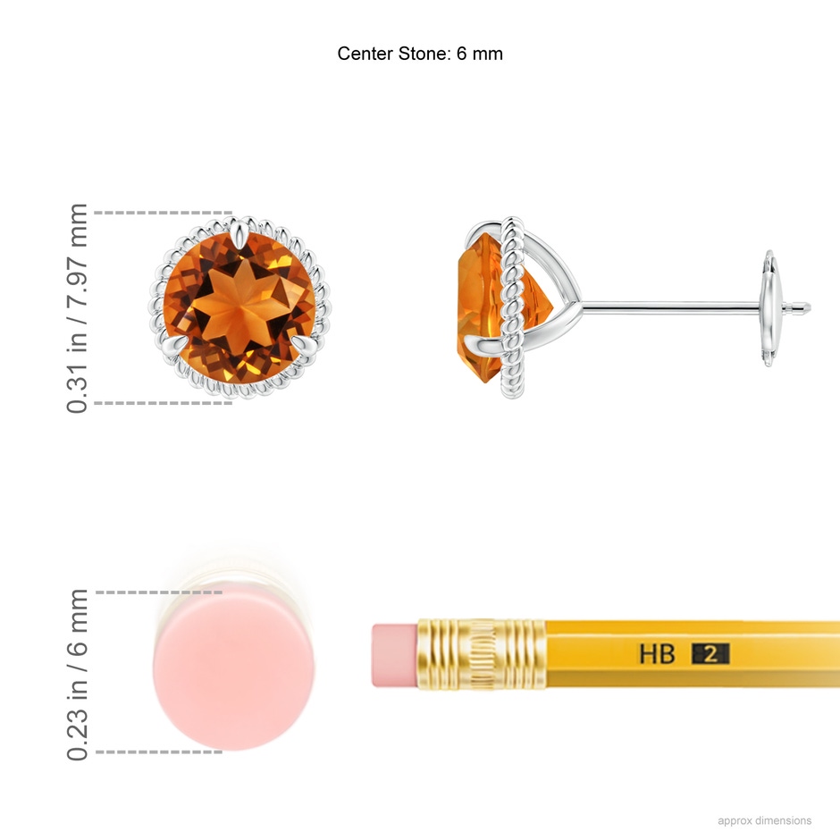 6mm AAAA Rope Framed Claw-Set Citrine Martini Stud Earrings in White Gold ruler