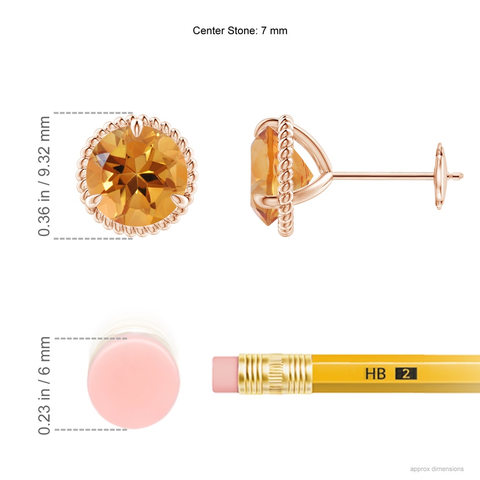 7mm AA Rope Framed Claw-Set Citrine Martini Stud Earrings in Rose Gold ruler