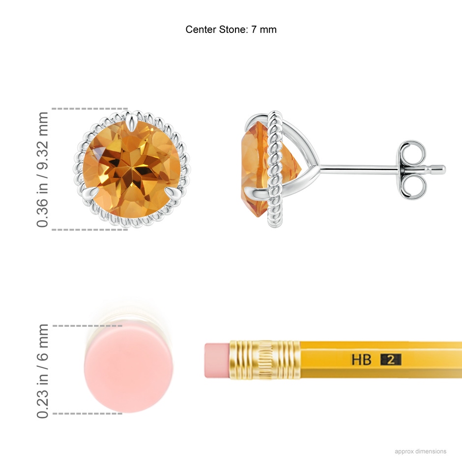 7mm AA Rope Framed Claw-Set Citrine Martini Stud Earrings in S999 Silver ruler