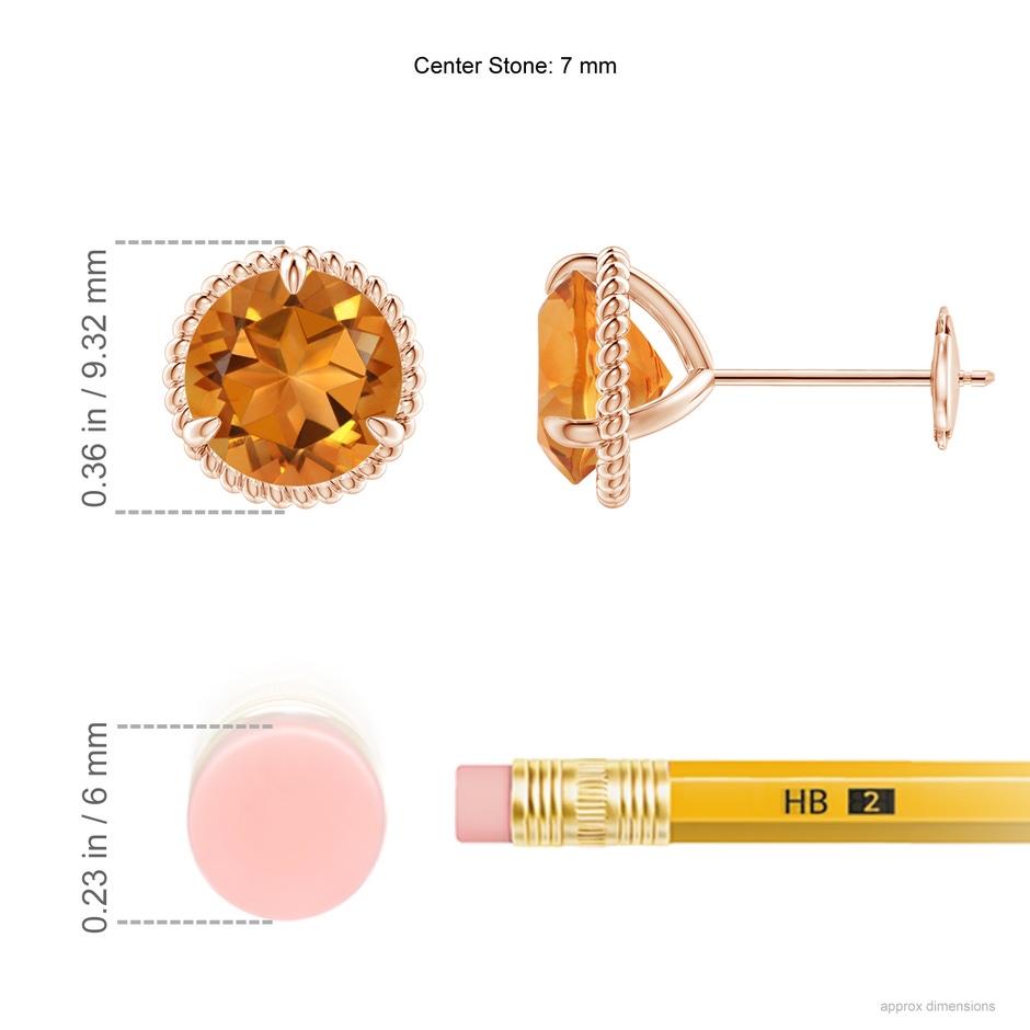 7mm AAA Rope Framed Claw-Set Citrine Martini Stud Earrings in Rose Gold ruler