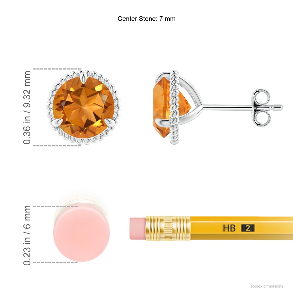 7mm AAA Rope Framed Claw-Set Citrine Martini Stud Earrings in S999 Silver ruler