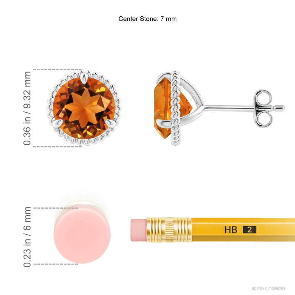 7mm AAAA Rope Framed Claw-Set Citrine Martini Stud Earrings in S999 Silver ruler