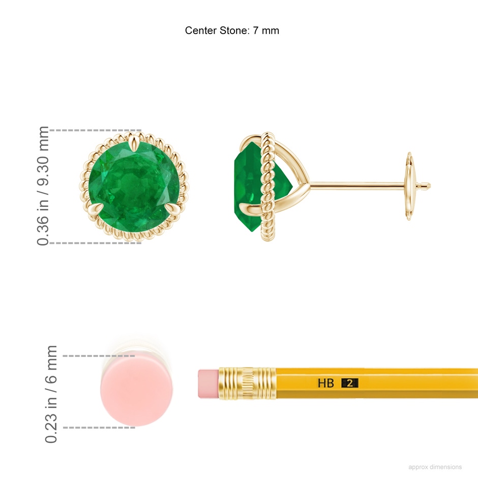 7mm AA Rope Framed Claw-Set Emerald Martini Stud Earrings in Yellow Gold ruler