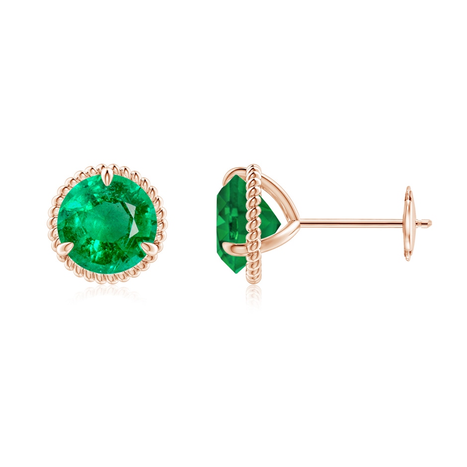 7mm AAA Rope Framed Claw-Set Emerald Martini Stud Earrings in Rose Gold 
