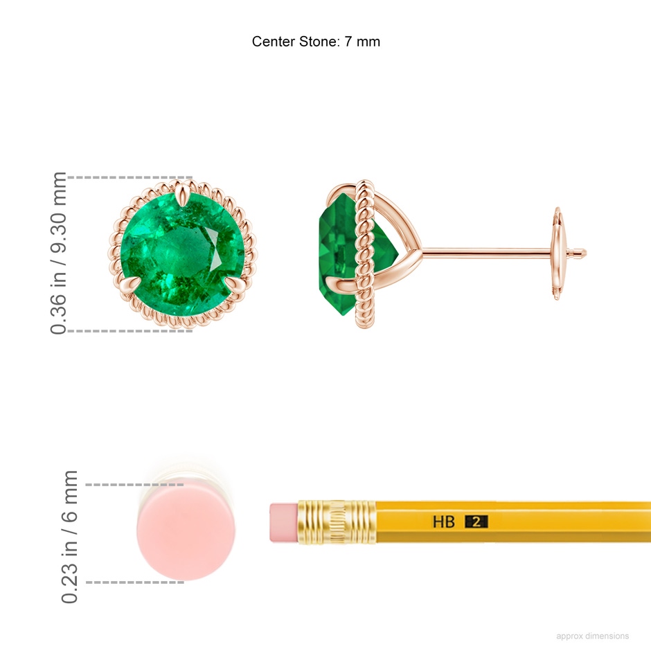 7mm AAA Rope Framed Claw-Set Emerald Martini Stud Earrings in Rose Gold ruler