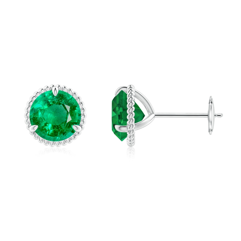 7mm AAA Rope Framed Claw-Set Emerald Martini Stud Earrings in White Gold 