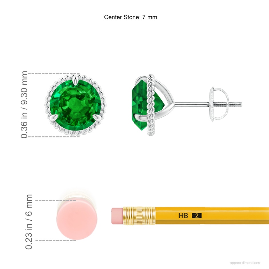 7mm AAAA Rope Framed Claw-Set Emerald Martini Stud Earrings in P950 Platinum ruler