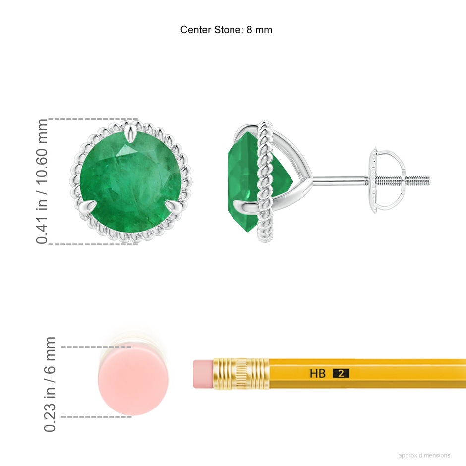 8mm A Rope Framed Claw-Set Emerald Martini Stud Earrings in P950 Platinum ruler