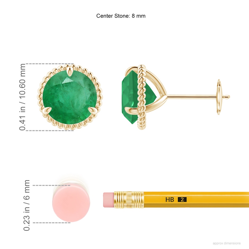 8mm A Rope Framed Claw-Set Emerald Martini Stud Earrings in Yellow Gold ruler