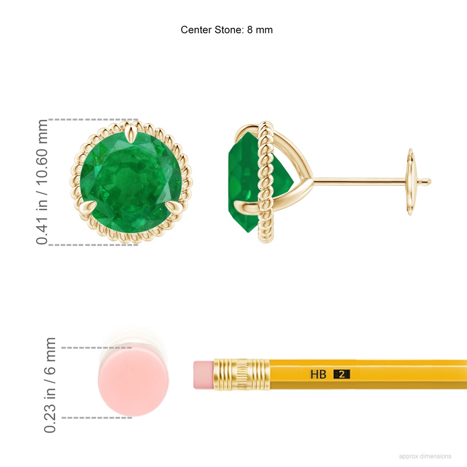 8mm AA Rope Framed Claw-Set Emerald Martini Stud Earrings in Yellow Gold ruler