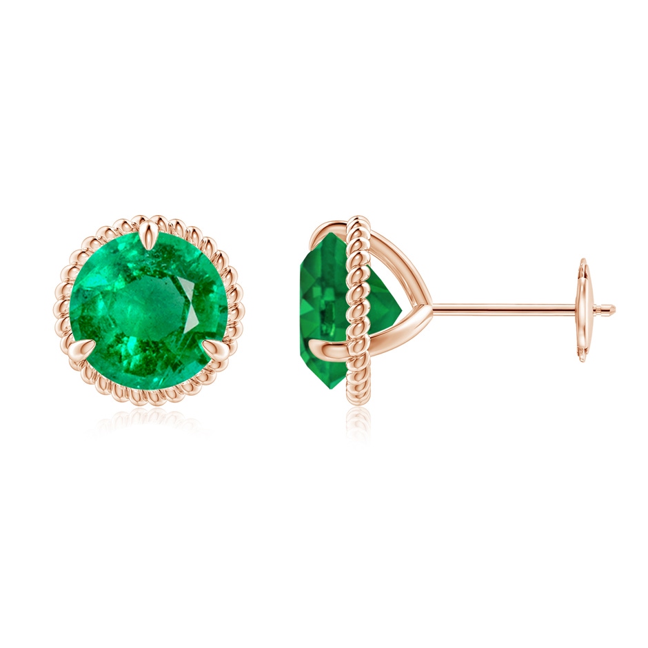 8mm AAA Rope Framed Claw-Set Emerald Martini Stud Earrings in Rose Gold 