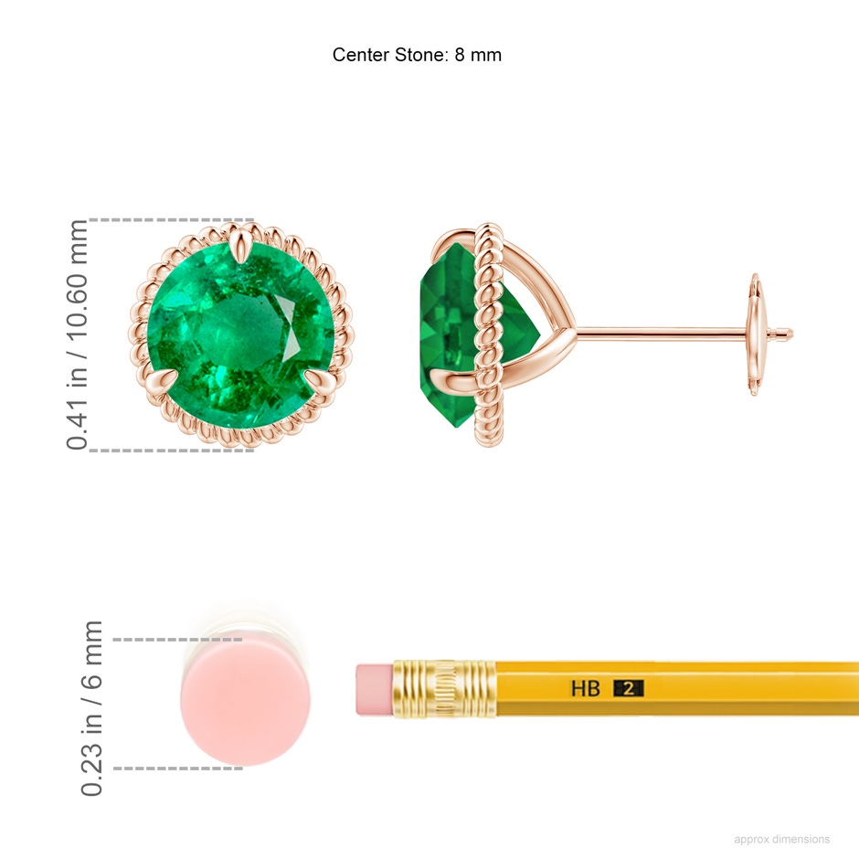 8mm AAA Rope Framed Claw-Set Emerald Martini Stud Earrings in Rose Gold ruler