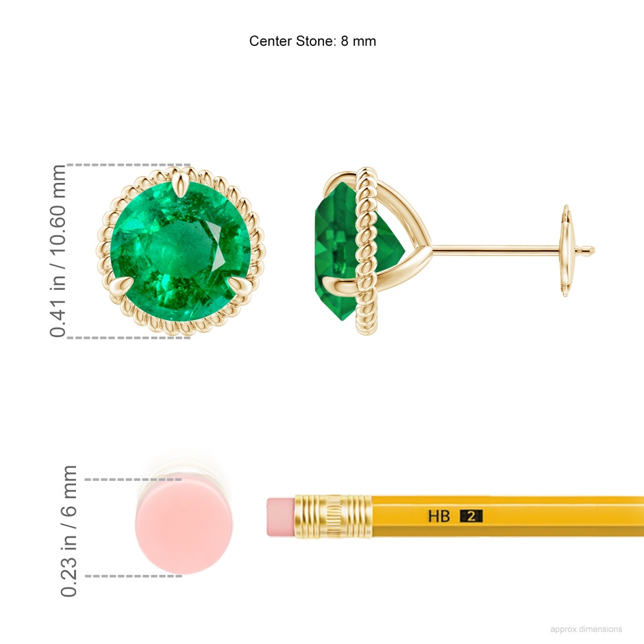 8mm AAA Rope Framed Claw-Set Emerald Martini Stud Earrings in Yellow Gold ruler