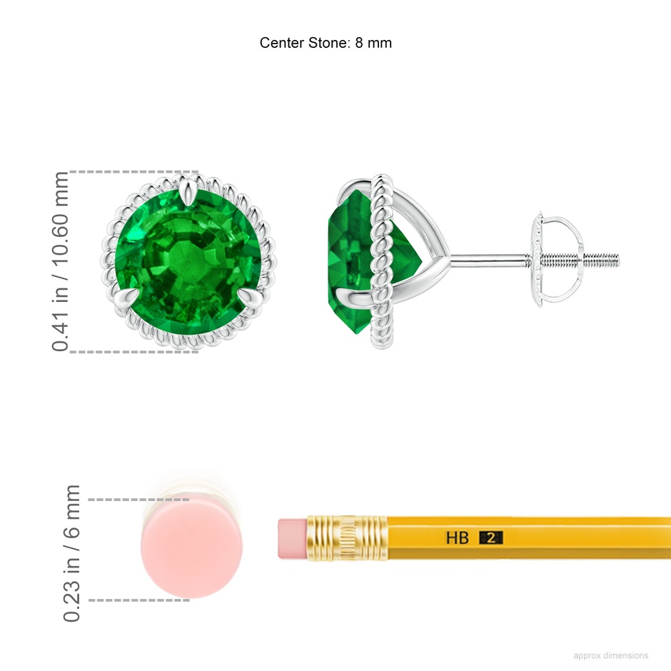 8mm AAAA Rope Framed Claw-Set Emerald Martini Stud Earrings in P950 Platinum ruler