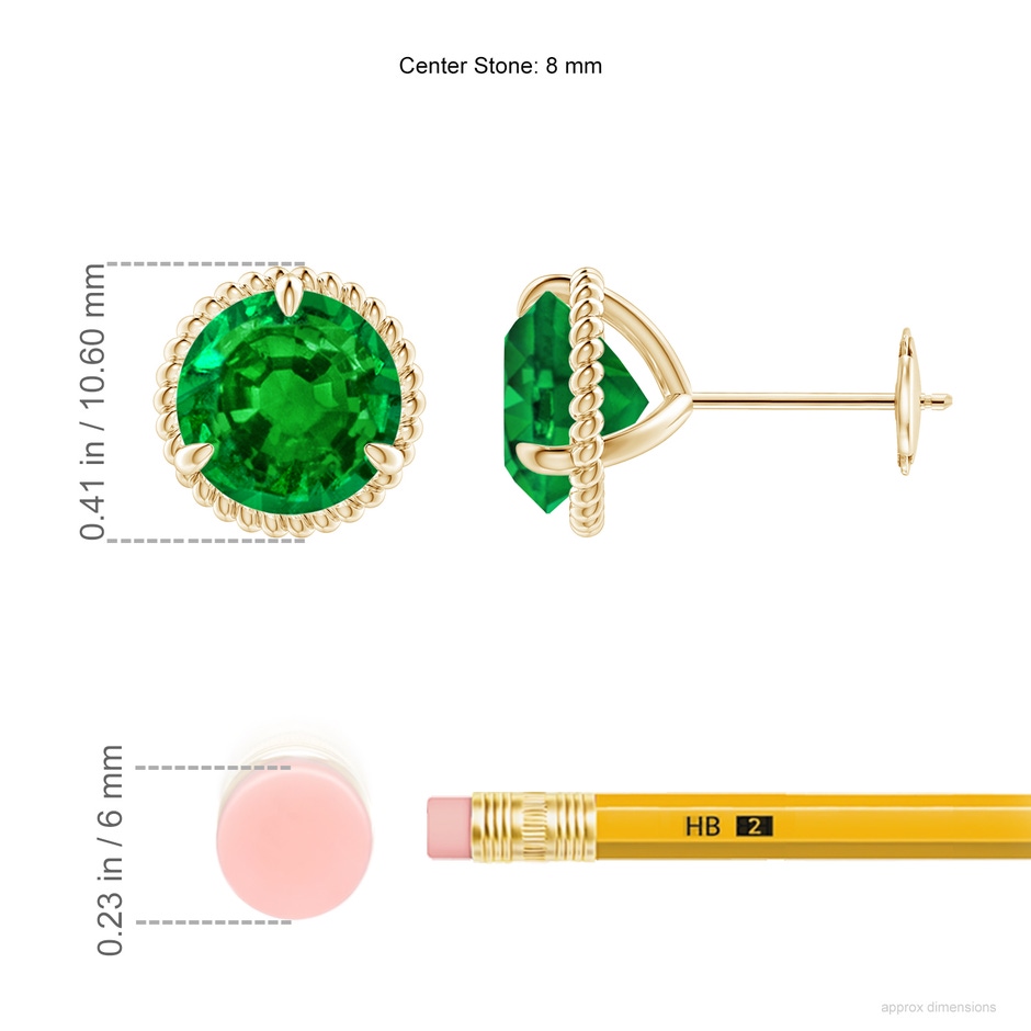 8mm AAAA Rope Framed Claw-Set Emerald Martini Stud Earrings in Yellow Gold ruler