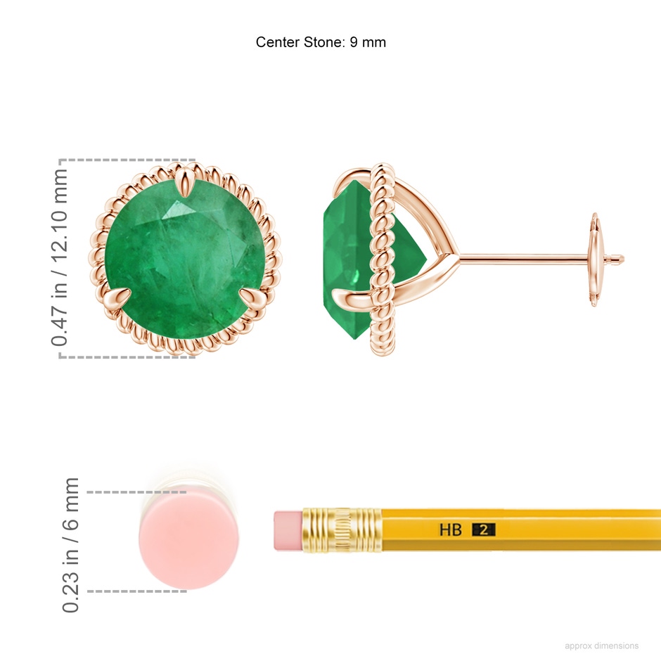 9mm A Rope Framed Claw-Set Emerald Martini Stud Earrings in 18K Rose Gold ruler