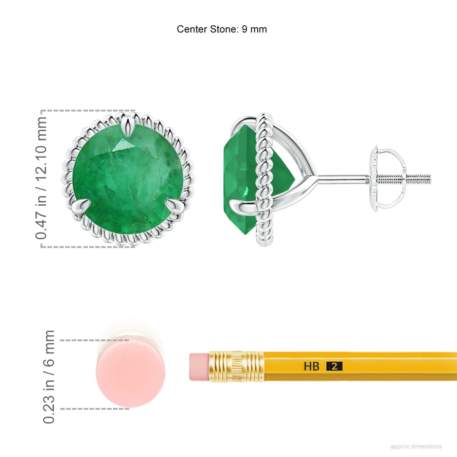 9mm A Rope Framed Claw-Set Emerald Martini Stud Earrings in P950 Platinum ruler