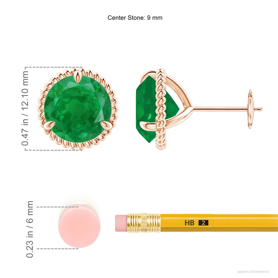 9mm AA Rope Framed Claw-Set Emerald Martini Stud Earrings in Rose Gold ruler