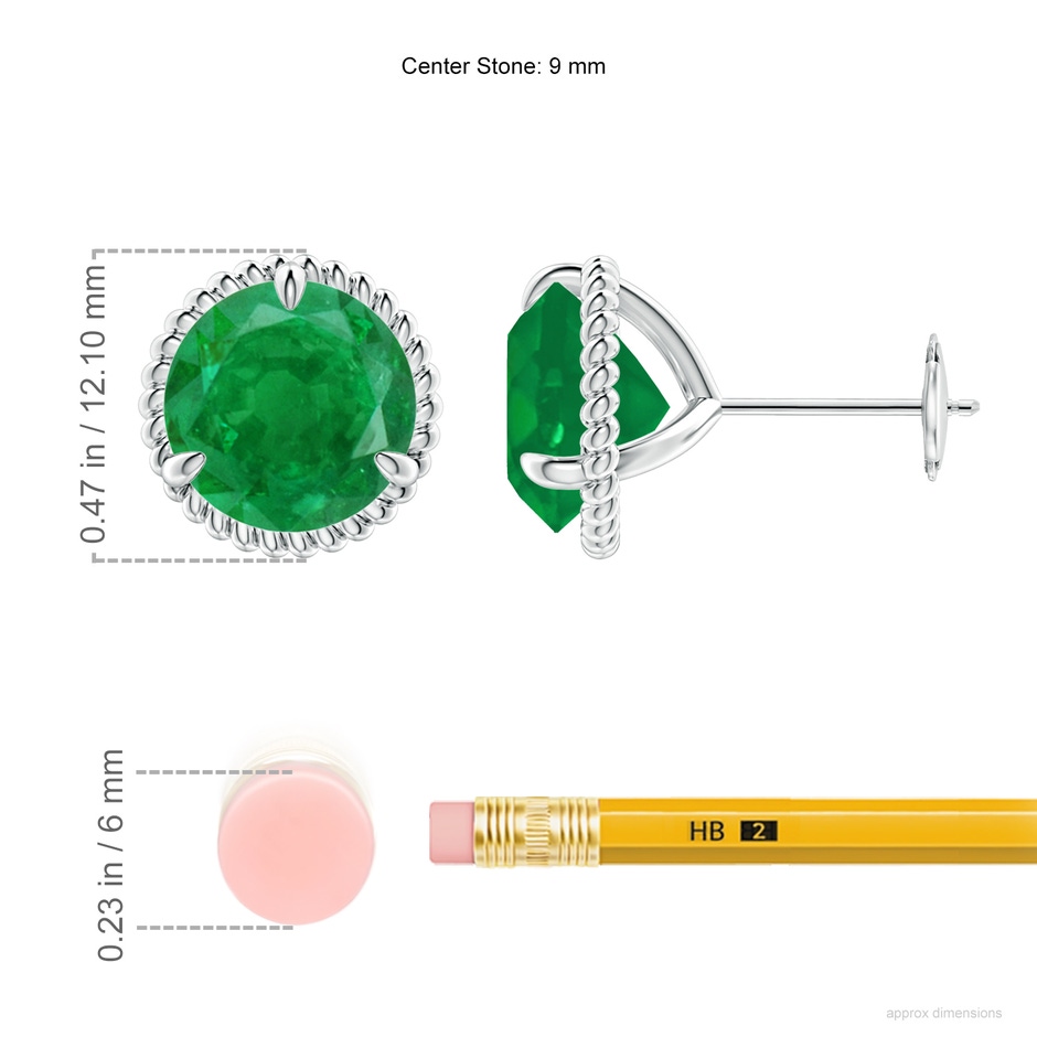 9mm AA Rope Framed Claw-Set Emerald Martini Stud Earrings in White Gold ruler